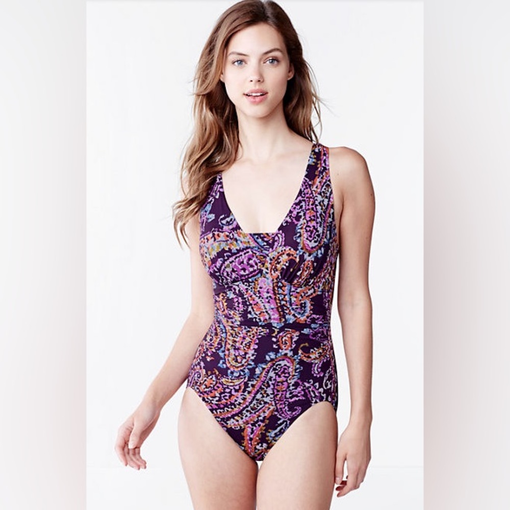 Lands End Swimsuit One Piece Slender Grecian Purple Paisley 6